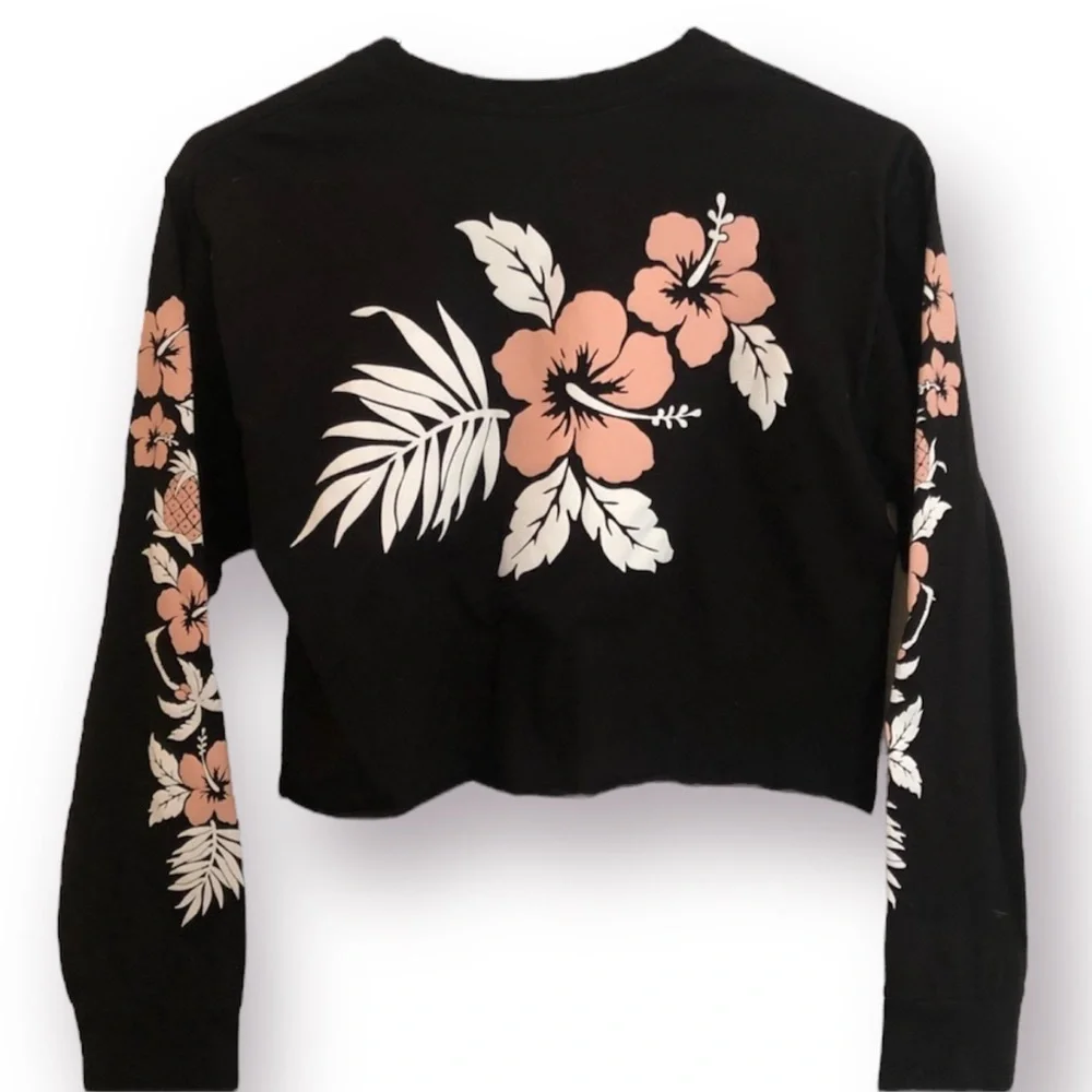 Urban Outfitters Black Long Sleeve Crop Top Hibiscus Sleeve Tropical - Picture 3 of 5